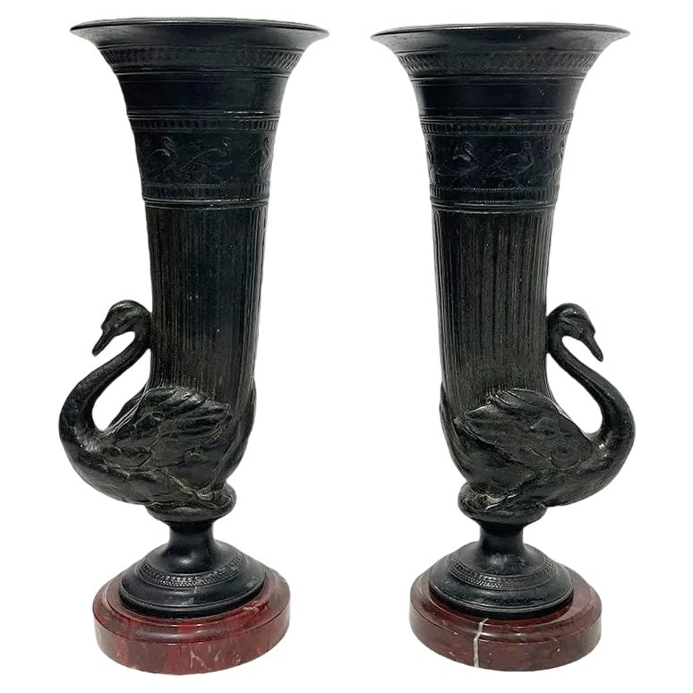 19th Century Bronze Rhyton Shaped Swan Vases, Set of 2 | Chairish