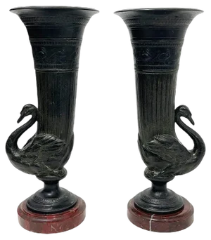 19th Century Bronze Rhyton Shaped Swan Vases, Set of 2