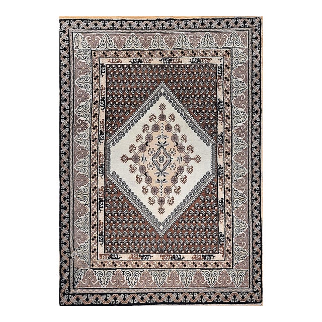 Vintage Moroccan Rug, Handwoven Wool, Geometric Pattern, Ivory & Brown, 6’ X 8’ For Sale