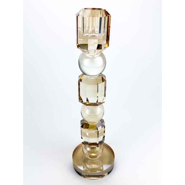 Vintage Geometric Gold Tone Glass Pillar Candle Stick Holder For Sale In Portland, ME - Image 6 of 11