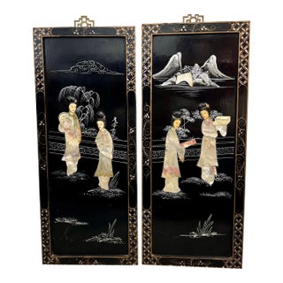 Vintage Mid-Century Chinoiserie Black Lacquer & Mother-of-Pearl Geisha Wall Panels - A Pair For Sale