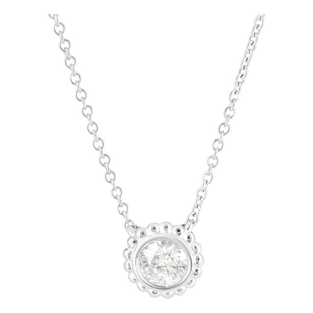 10K White Gold 1/2 Cttw Bezel Set Round Diamond Sunflower Finish 18" Pendant Necklace For Sale