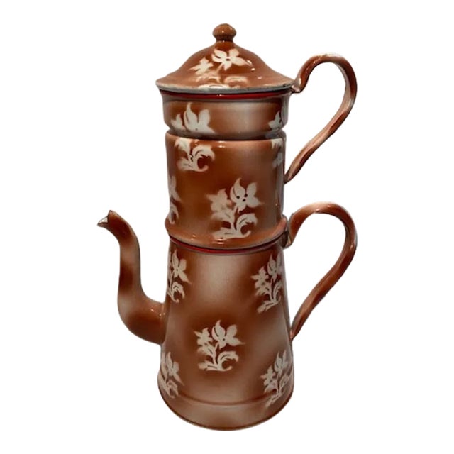 Vintage French Biggen Stenciled Coffee Pot and Filter Set- 3 Pieces For Sale