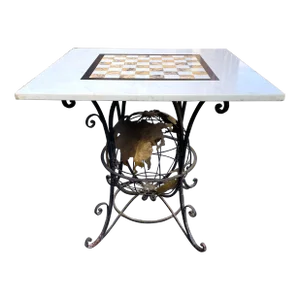 Wrought Iron World Globe Centered Table W/ Inlaid Marble Chess Board Top