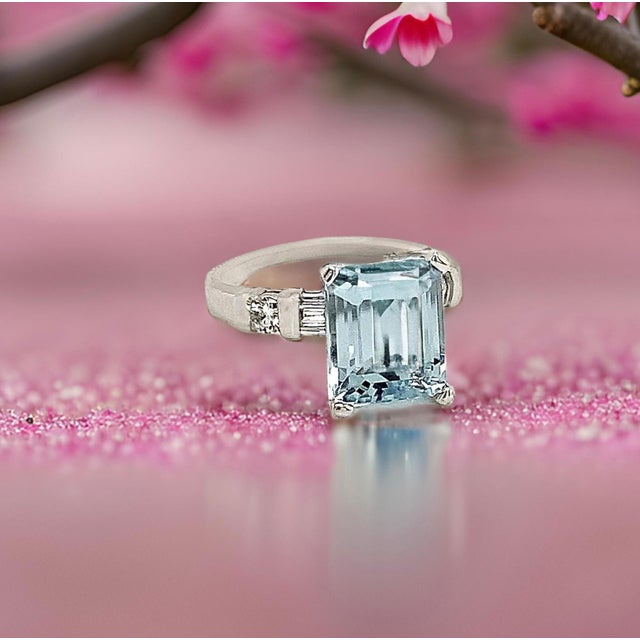 Natural Aquamarine Diamond Ring 6.25 Platinum 5.3 TCW Certified For Sale - Image 11 of 13