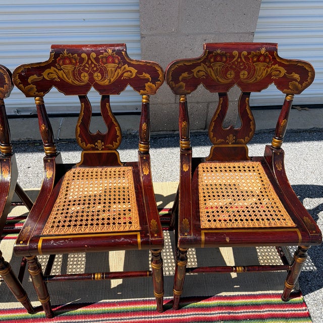 Farmhouse Antique Set of Four Federal Baltimore Style Paint Decorated Cane Seat Chairs, Circa 1820s For Sale - Image 3 of 12