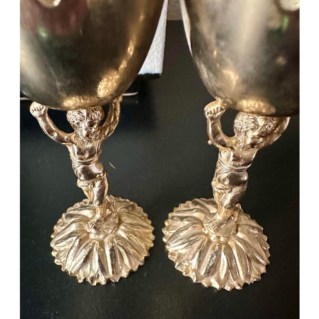 Vintage Renaissance Style Cherub/ Putti Gold Plated Metal Candle Holders, Eggs Cups - A Pair For Sale - Image 11 of 12
