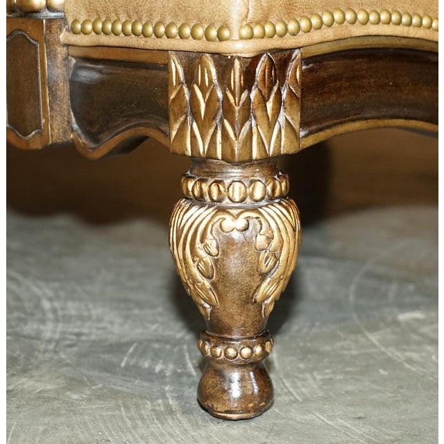 Set of Large Vintage Italian Brown Leather & Giltwood Throne Armchair & Footstool For Sale - Image 11 of 18