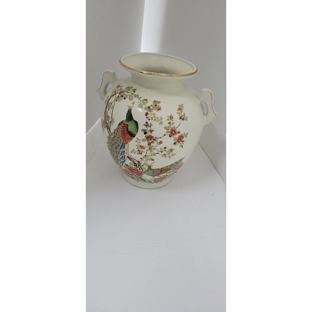 Vintage Pair White Japan Ceramic Vases Hand Painted Peacock Motif Nice little pair of vases 6.5"H No chips or cracks very...