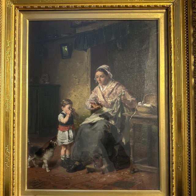 Corneille Petit, The Torn Dress, 1882, Painting is approx. 18" H x 14" W Oil on beveled mahogany panel in original frame....