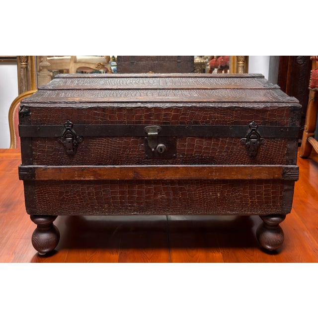 Antique 1920’s Crocodile Leather Steamer Trunk Coffee Table.