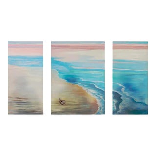 Beach Scene Oil on Canvas Painting in Pastel Colors - 3 Pieces For Sale