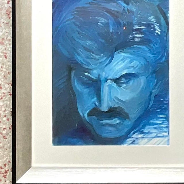 Vintage Signed Blue Expressionist Male Portrait Oil Painting For Sale - Image 10 of 15