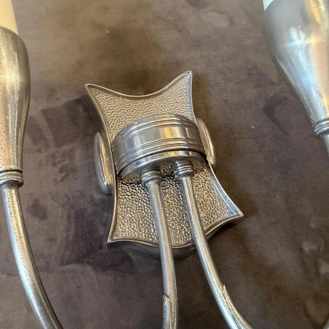 Mid-Century Modern 1950s Pietro Chiesa Style Mid-Century Art Deco Nickel Plated Brass Wall Sconces For Sale - Image 3 of 15