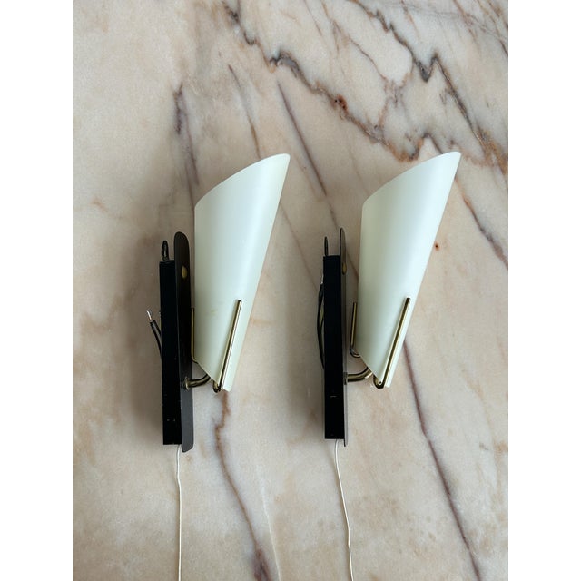 Mid-Century Modern Scandinavian Milk Glass and Brass Wall Lights, Denmark, 1960s, Set of 2 For Sale - Image 6 of 18