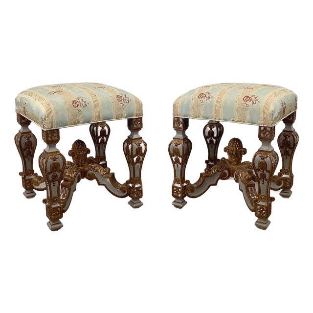 Pair of Vintage Louis XVI–Style Upholstered Footstools With Gilt Carved Bases For Sale