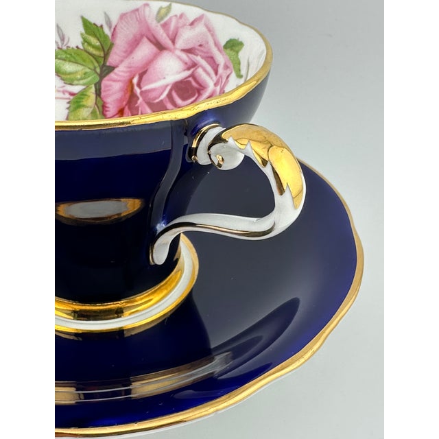 John Aynsley Aynsley Cobalt Blue Teacup and Saucer, Corset Shape W/ Cabbage Rose - 1930s For Sale - Image 4 of 10