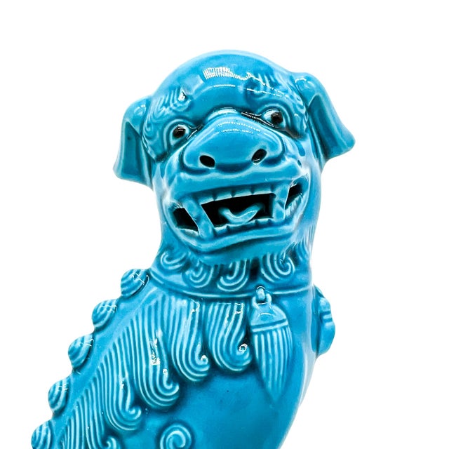 Late 20th Century Vintage Chinese Turquoise Blue Glazed Foo Dog – Guardian Lion – Hollywood Regency / Chinoiserie For Sale - Image 5 of 11