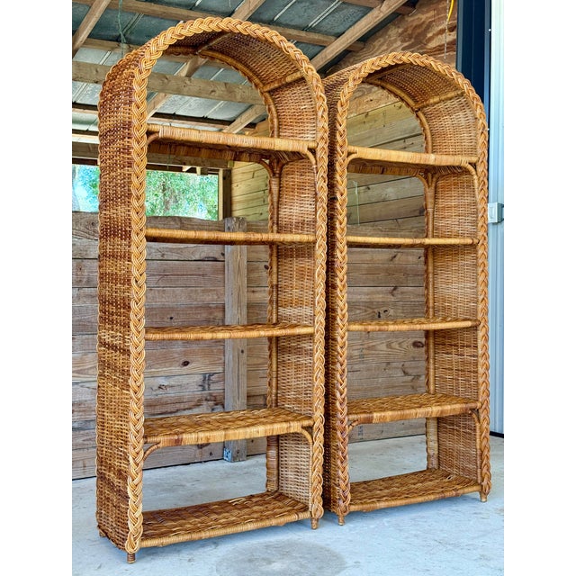 Pair of Vintage Organic Modern Rattan Etagere Shelves With Braided Arch Detail For Sale - Image 10 of 12