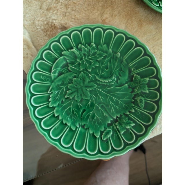 1990s Vintage the Haldon Group Green Majolica Relief Cup & Saucer Set for 8 For Sale - Image 5 of 8