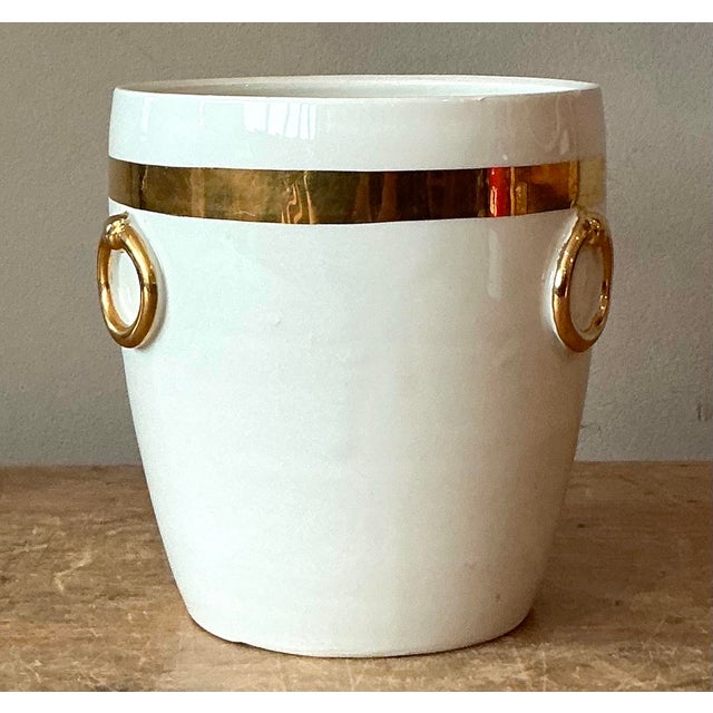 Vintage Boho Italian Glazed Ceramic.Gold Rings Cache Pot For Sale - Image 10 of 11