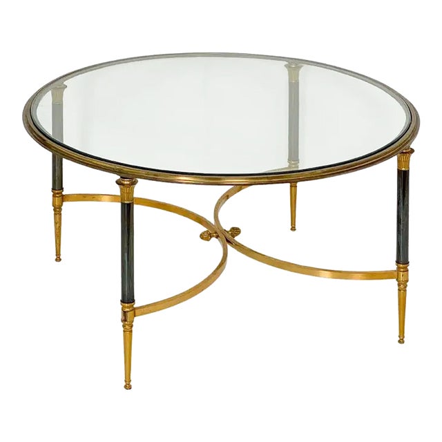 French Modern Round Cocktail or Coffee Low Table of Brass With Glass Top For Sale