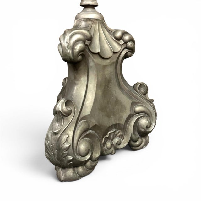 Pair Antique Solid Pewter Baroque Style Candlestick Floor Lamps For Sale - Image 9 of 12