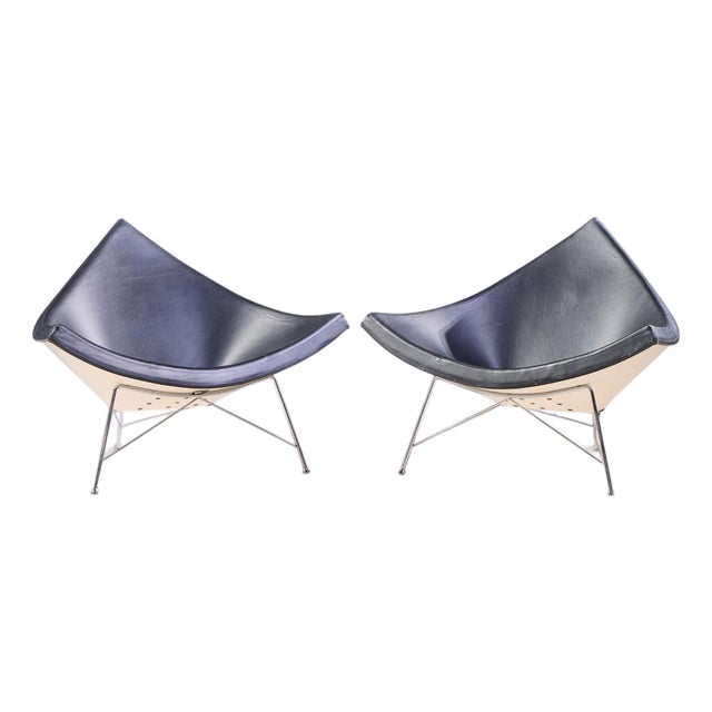 George Nelson for Vitra Mid Century Black Leather Coconut Chairs - Pair For Sale