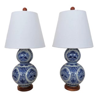 Pair of Ralph Lauren Petite Designer Chinoiserie Table Lamps Blue & White Double Gourd Shape Koi Fish For Sale