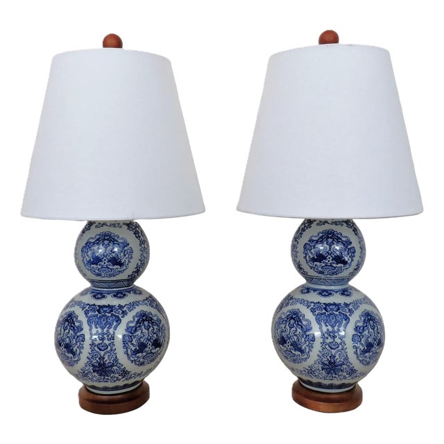 Pair of Ralph Lauren Petite Designer Chinoiserie Table Lamps Blue & White Double Gourd Shape Koi Fish For Sale