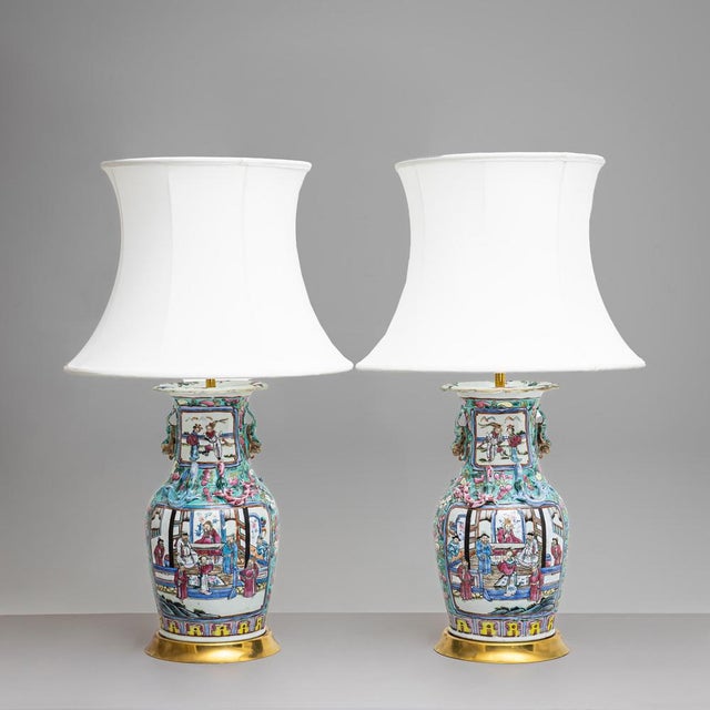 Antique Chinese Table Lamps with Porcelain Base, Set of 2 For Sale - Image 3 of 9