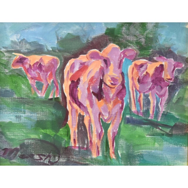 Abstract Impressionist Abstract Fun Pink Cows Painting Including the Antiqued Gold Wood Frame For Sale - Image 3 of 5