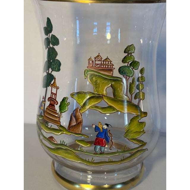 Chinoiserie Mid Twentieth Century Hand Painted Chinoiserie Glass Hurricane Vases, a Pair For Sale - Image 3 of 7