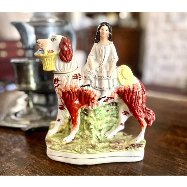 19th Century Antique English Staffordshire Girl Riding Spaniel Dog Figurine For Sale In Dallas - Image 6 of 18