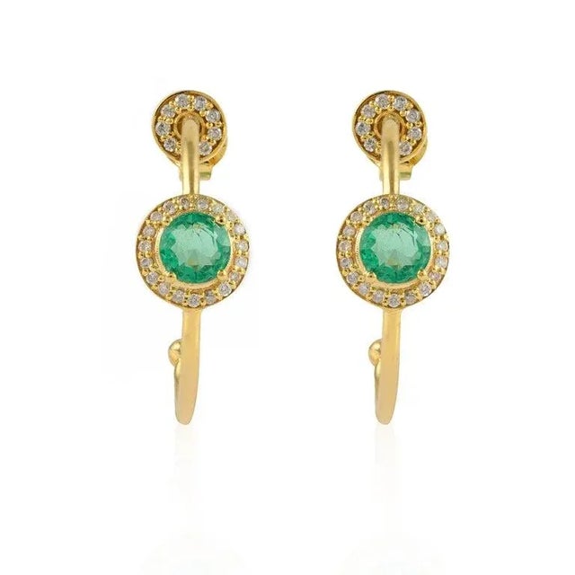 Art Deco 14k Gold Genuine Emerald Diamond Halo C-Hoop Wedding Earrings Gift- A Pair For Sale - Image 3 of 10