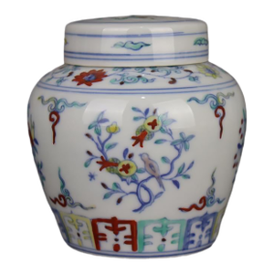 Early 20th Century Chinese Ceramic Tea Jar China Blue and White Doucai Porcelain Chenghua Tian Marked Jar Hand Painted Flowers Pattern