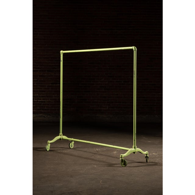 Industrial Vintage Industrial Rolling Cast Iron Pipe-Frame Garment Rack in Green For Sale - Image 3 of 9