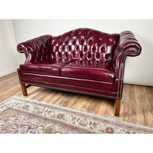 Kimball Vintage Camel Back Chesterfield Red Leather Settee by Kimball For Sale - Image 4 of 8