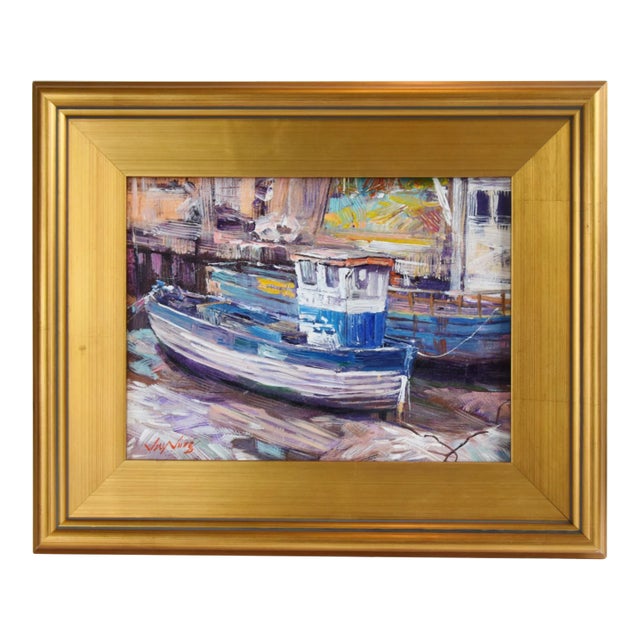 Impressionist Fishing Boats Docked at Nantucket Harbor Painting W/ Antiqued Gold Frame For Sale