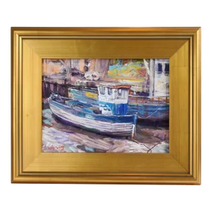 Impressionist Fishing Boats Docked at Nantucket Harbor Painting W/ Antiqued Gold Frame