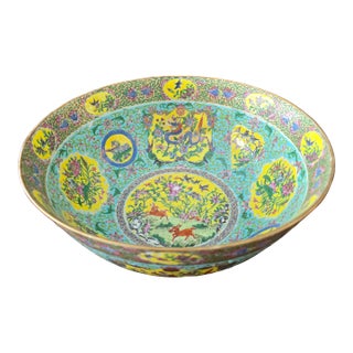 Antique Chinese Porcelain Large Yellow Dragon Bowl For Sale