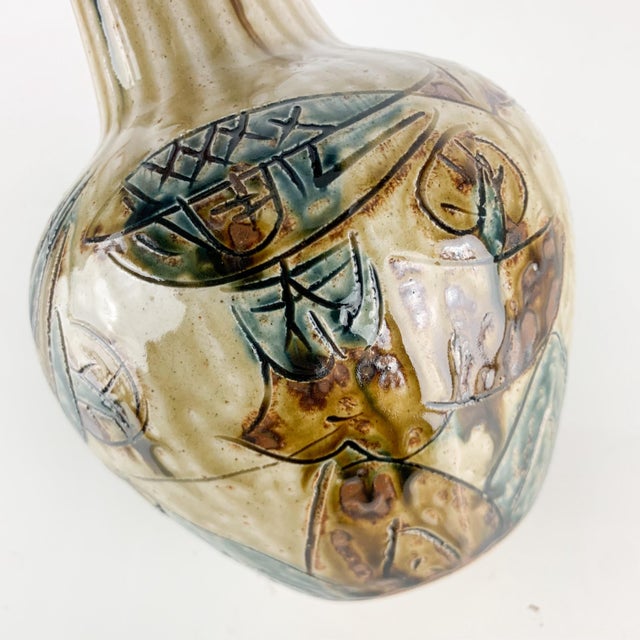 Vintage Mid Century Modern Japan Otagiri Vase Tall Carved Stoneware Fluted Neck For Sale - Image 4 of 11