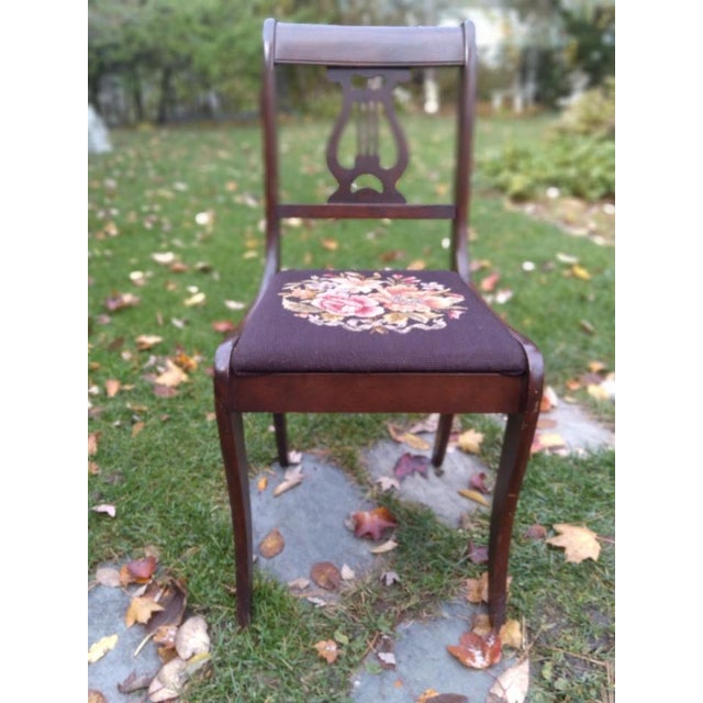 Vintage Duncan Phype Wood Carved Harp Lyre Back With Needlepoint Seat Needlepoint Seat is in Excellent Condition, the...