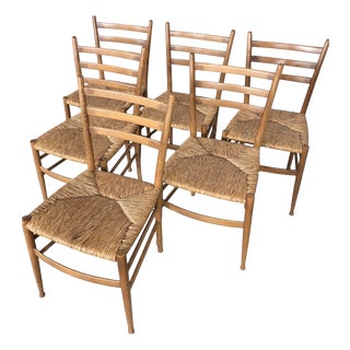 Vintage Rush Seat Ladderback Dining Chairs by Gio Ponti, 1970s For Sale