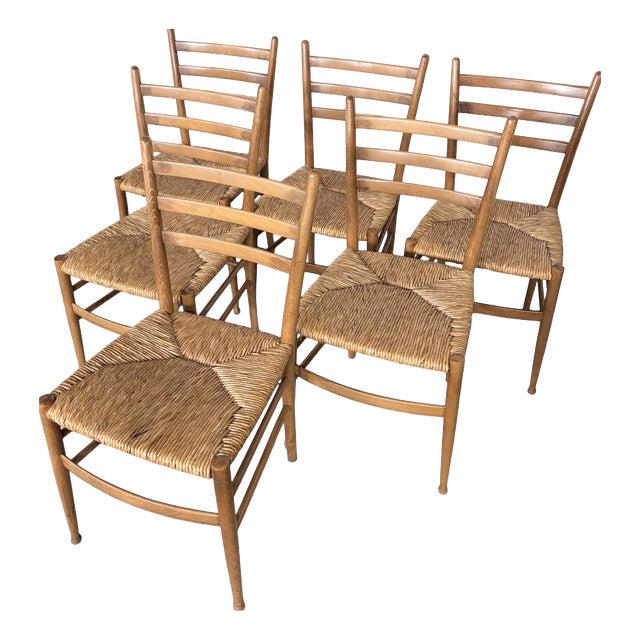 Vintage Rush Seat Ladderback Dining Chairs by Gio Ponti, 1970s For Sale