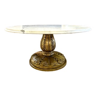 1960s Conmar Italian Hollywood Regency Coffee Table With Carrara Marble Top | Hand-Carved Giltwood Acanthus Pedestal | Made in Italy For Sale