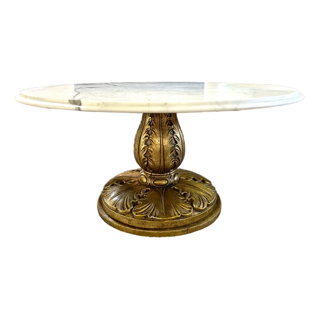 1960s Conmar Italian Hollywood Regency Coffee Table With Carrara Marble Top | Hand-Carved Giltwood Acanthus Pedestal | Made in Italy For Sale