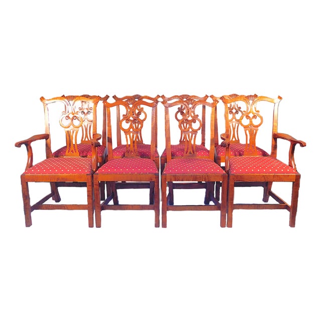 Late 20th Century Eight D. R. Dimes Chippendale Style Tiger Maple Dining Chairs For Sale