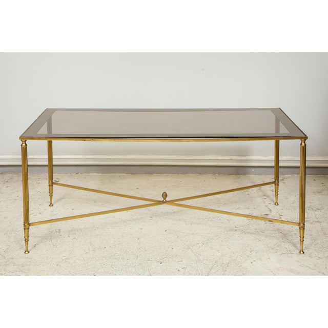 Rectangular Brass Coffee/Cocktail Table With Smoked Glass on Stretcher Base For Sale - Image 11 of 11