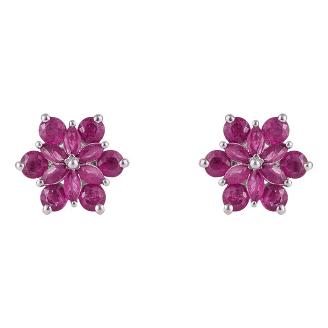 2.9 TCW Natural Ruby Rosette Flower Stud Earrings - Birthday Gift, a Pair For Sale
